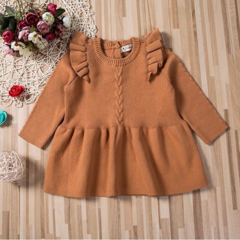 3-6 month Girl Pleated Dress Solid Longsleeve Knit Sweater Dress with Ruffles